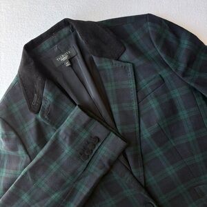 Talbots Wool Tartan Plaid Blazer Jacket Womens 14P Green Navy Velvet Office